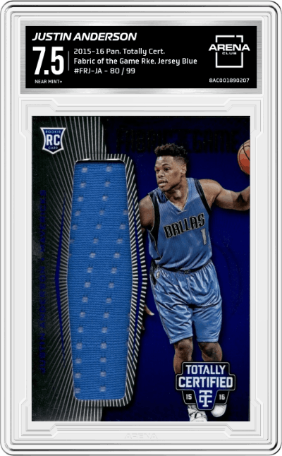 Justin Anderson from the 2015-16 Panini Totally Certified set featuring a Blue parallel graded by Arena Club and given an overall grade of 7.5.