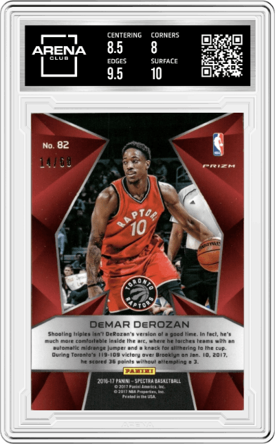 DeMar DeRozan from the 2016-17 Panini Spectra set featuring a Neon Blue parallel graded by Arena Club and given an overall grade of 8.5.