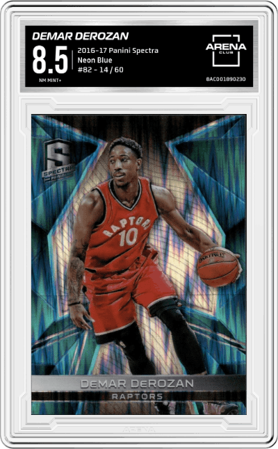 DeMar DeRozan from the 2016-17 Panini Spectra set featuring a Neon Blue parallel graded by Arena Club and given an overall grade of 8.5.