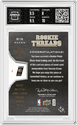 Taurean Green from the 2007-08 Upper Deck SP Rookie Threads set graded by Arena Club and given an overall grade of 8.5.