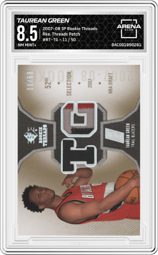 Taurean Green from the 2007-08 Upper Deck SP Rookie Threads set graded by Arena Club and given an overall grade of 8.5.