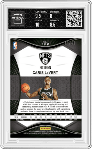 Caris LeVert from the 2016-17 Panini Totally Certified set featuring a Orange parallel graded by Arena Club and given an overall grade of 8.5.