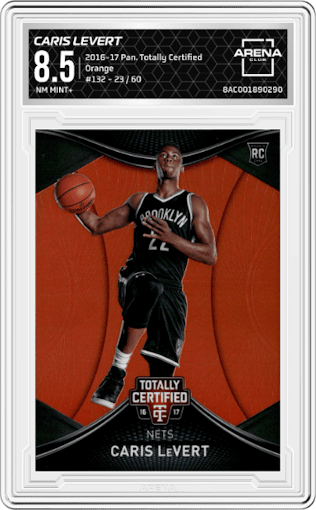 Caris LeVert from the 2016-17 Panini Totally Certified set featuring a Orange parallel graded by Arena Club and given an overall grade of 8.5.