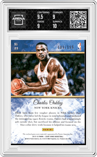 Charles Oakley from the 2015-16 Panini Court Kings set graded by Arena Club and given an overall grade of 9.5.