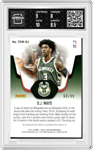 O.J. Mayo from the 2015-16 Panini Totally Certified set featuring a Red parallel graded by Arena Club and given an overall grade of 8.5.