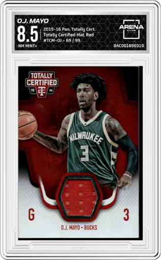 O.J. Mayo from the 2015-16 Panini Totally Certified set featuring a Red parallel graded by Arena Club and given an overall grade of 8.5.