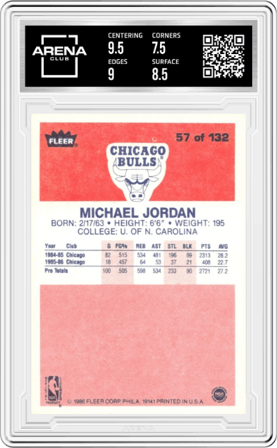 Michael Jordan from the 1986-87 Fleer set graded by Arena Club and given an overall grade of 8.