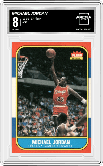 Michael Jordan from the 1986-87 Fleer set graded by Arena Club and given an overall grade of 8.