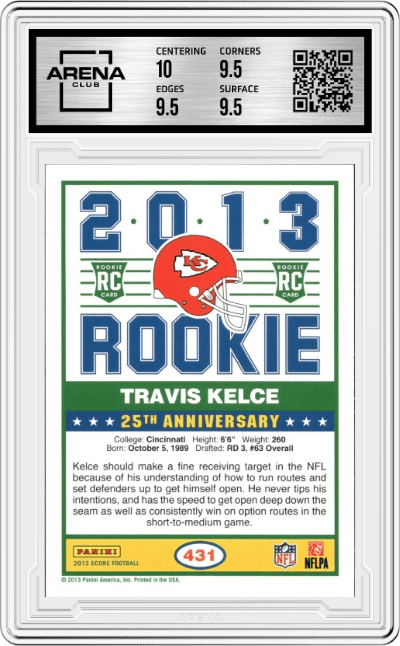 Travis Kelce from the 2013 Score set graded by Arena Club and given an overall grade of 10.