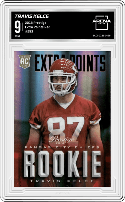 Travis Kelce from the 2013 Prestige set featuring a Extra Points Red parallel graded by Arena Club and given an overall grade of 9.