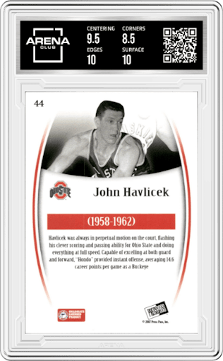 John Havlicek from the 2007-08 Press Pass Legends set featuring a Silver parallel graded by Arena Club and given an overall grade of 9.