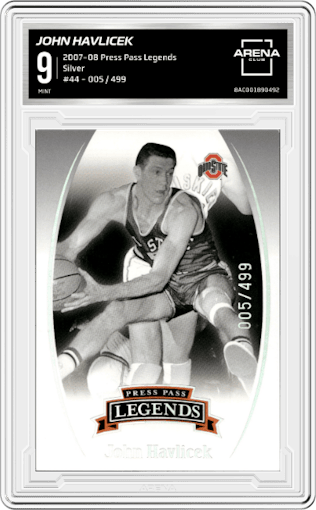 John Havlicek from the 2007-08 Press Pass Legends set featuring a Silver parallel graded by Arena Club and given an overall grade of 9.