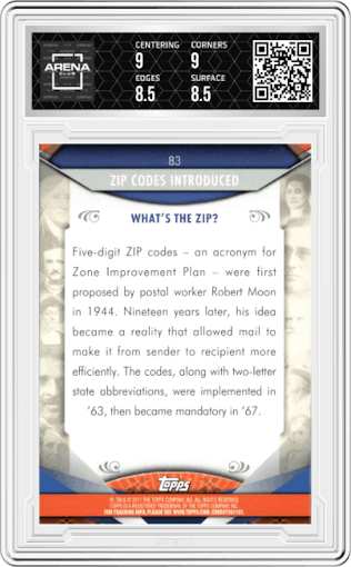 Zip Codes Introduced from the 2011 Topps American Pie set graded by Arena Club and given an overall grade of 9.