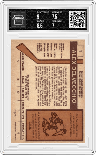 Alex Delvecchio from the 1973-74 O-Pee-Chee set graded by Arena Club and given an overall grade of 7.5.