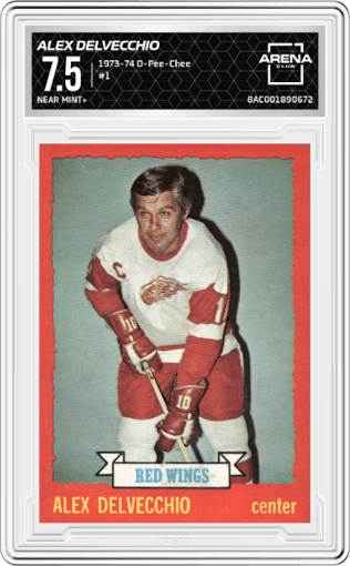 Alex Delvecchio from the 1973-74 O-Pee-Chee set graded by Arena Club and given an overall grade of 7.5.