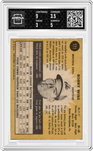 Bobby Wine from the 1971 Topps set graded by Arena Club and given an overall grade of 3.5.