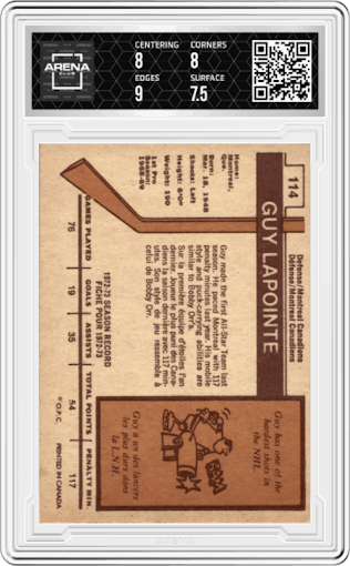 Guy Lapointe from the 1973-74 O-Pee-Chee set featuring a Light Back parallel graded by Arena Club and given an overall grade of 8.