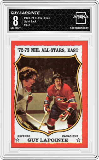 Guy Lapointe from the 1973-74 O-Pee-Chee set featuring a Light Back parallel graded by Arena Club and given an overall grade of 8.