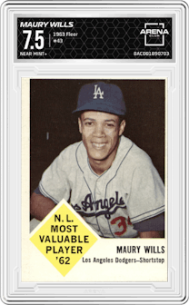 Maury Wills from the 1963 Fleer set graded by Arena Club and given an overall grade of 7.5.