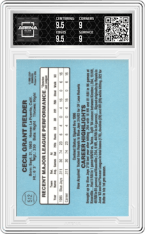 Cecil Fielder from the 1986 Donruss set graded by Arena Club and given an overall grade of 9.5.