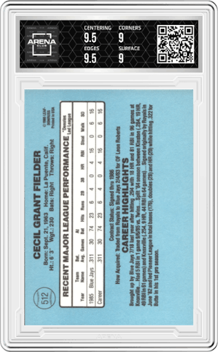 Cecil Fielder from the 1986 Donruss set graded by Arena Club and given an overall grade of 9.5.