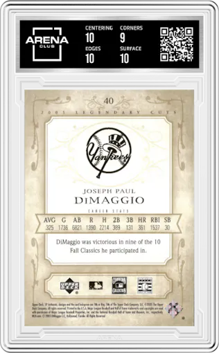 Joseph Paul DiMaggio from the 2005 SP Legendary Cuts set graded by Arena Club and given an overall grade of 9.5.