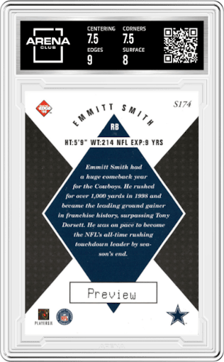 Emmitt Smith from the 1998 Collector’s Edge Masters set graded by Arena Club and given an overall grade of 8.