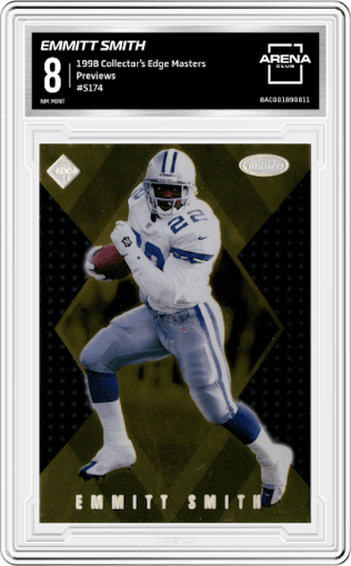 Emmitt Smith from the 1998 Collector’s Edge Masters set graded by Arena Club and given an overall grade of 8.