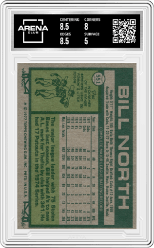 Bill North from the 1977 Topps set graded by Arena Club and given an overall grade of 5.5.