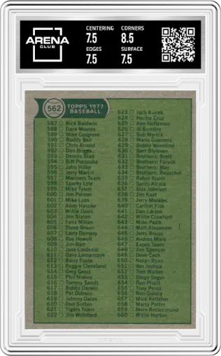 Checklist 529-660 from the 1977 Topps set graded by Arena Club and given an overall grade of 8.