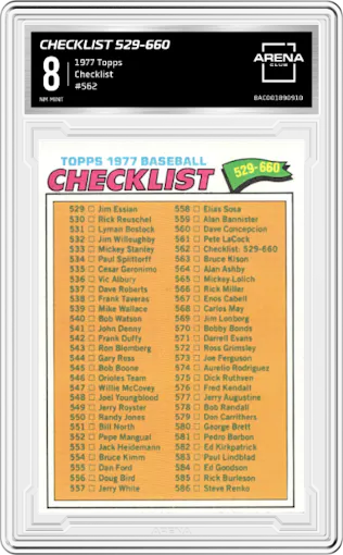 Checklist 529-660 from the 1977 Topps set graded by Arena Club and given an overall grade of 8.