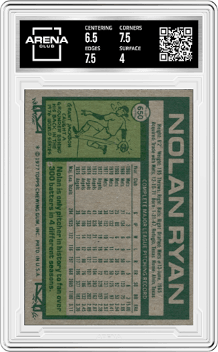Nolan Ryan from the 1977 Topps set graded by Arena Club and given an overall grade of 4.5.