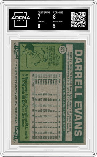 Darrell Evans from the 1977 Topps set graded by Arena Club and given an overall grade of 5.5.