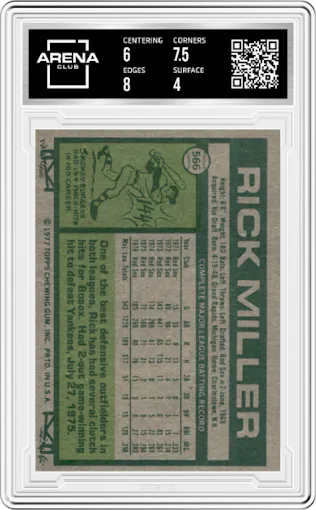 Rick Miller from the 1977 Topps set graded by Arena Club and given an overall grade of 4.5.