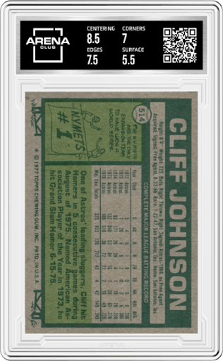 Cliff Johnson from the 1977 Topps set graded by Arena Club and given an overall grade of 6.