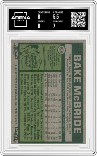 Bake McBride from the 1977 Topps set graded by Arena Club and given an overall grade of 6.
