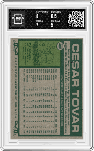 Cesar Tovar from the 1977 Topps set graded by Arena Club and given an overall grade of 5.5.