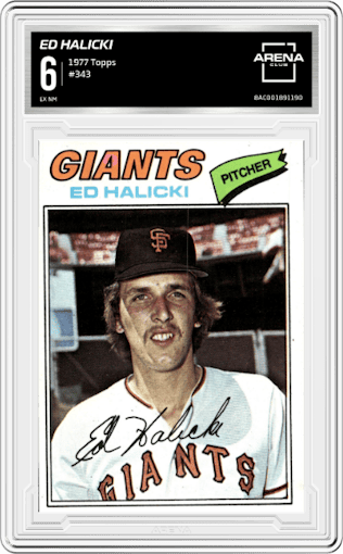 Ed Halicki from the 1977 Topps set graded by Arena Club and given an overall grade of 6.