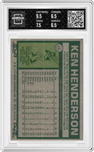 Ken Henderson from the 1977 Topps set graded by Arena Club and given an overall grade of 7.