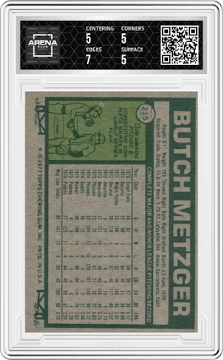 Butch Metzger from the 1977 Topps set graded by Arena Club and given an overall grade of 5.5.