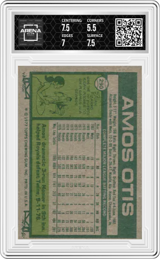 Amos Otis from the 1977 Topps set graded by Arena Club and given an overall grade of 6.