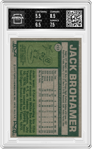 Jack Brohamer from the 1977 Topps set graded by Arena Club and given an overall grade of 6.