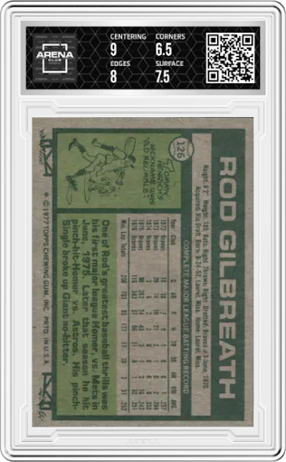 Rod Gilbreath from the 1977 Topps set graded by Arena Club and given an overall grade of 7.