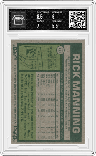 Rich Manning from the 1977 Topps set graded by Arena Club and given an overall grade of 6.