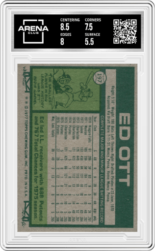 Ed Ott from the 1977 Topps set graded by Arena Club and given an overall grade of 6.