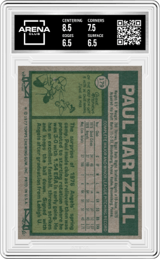 Paul Hartzell from the 1977 Topps set graded by Arena Club and given an overall grade of 7.