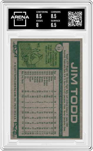 Jim Todd from the 1977 Topps set graded by Arena Club and given an overall grade of 7.