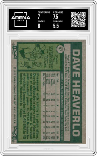 Dave Heaverlo from the 1977 Topps set graded by Arena Club and given an overall grade of 6.