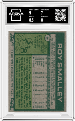 Roy Smalley from the 1977 Topps set graded by Arena Club and given an overall grade of 7.5.