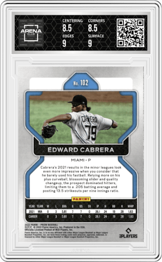 Edward Cabrera from the 2022 Panini Prizm set graded by Arena Club and given an overall grade of 9.